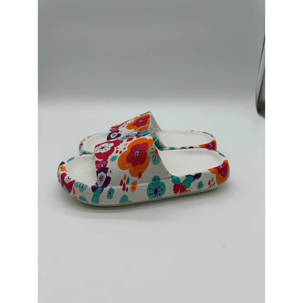 Kids Floral Print Foam Slide Sandals White Multi Color Pool Beach Shoes Size 2